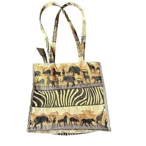 Vintage Jade Safari Animal Print Zoo Zip Top Tapestry Tote